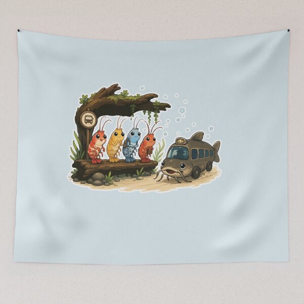 Item preview, Shrimp Bus Stop Sticker Cute Aquarium Shrimp Waiting for the Fish Bus designed and sold by SimplePoDesign.