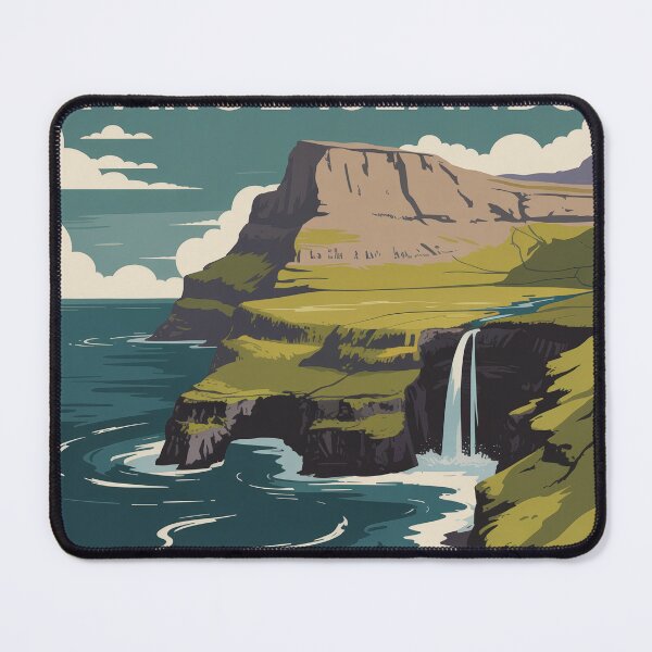 Item preview, Faroe Islands Waterfall Coast Retro Travel Poster | Mid Century Modern Nordic Landscape Wall Art designed and sold by Tamas Das.