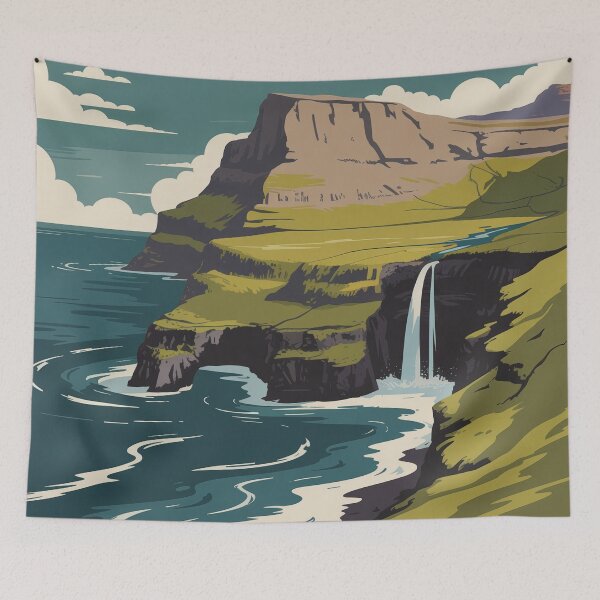 Item preview, Faroe Islands Waterfall Coast Retro Travel Poster | Mid Century Modern Nordic Landscape Wall Art designed and sold by Tamas Das.