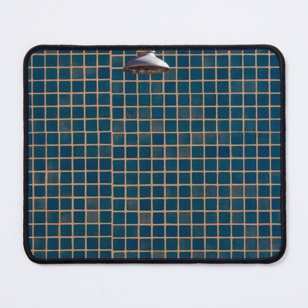 Item preview, Vintage Chrome Showerhead Against Blue Mosaic Tile Wall Closeup for Minimal Bathroom Interior Design designed and sold by Nmallia.