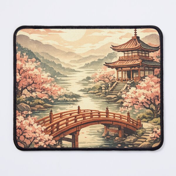 Item preview, Japanese Pagoda Temple with Cherry Blossoms - Asian Landscape Art designed and sold by irfanshikh.
