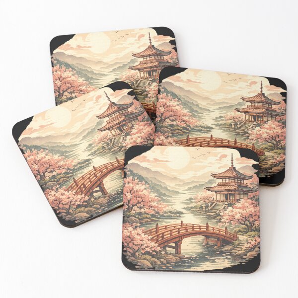Item preview, Japanese Pagoda Temple with Cherry Blossoms - Asian Landscape Art designed and sold by irfanshikh.