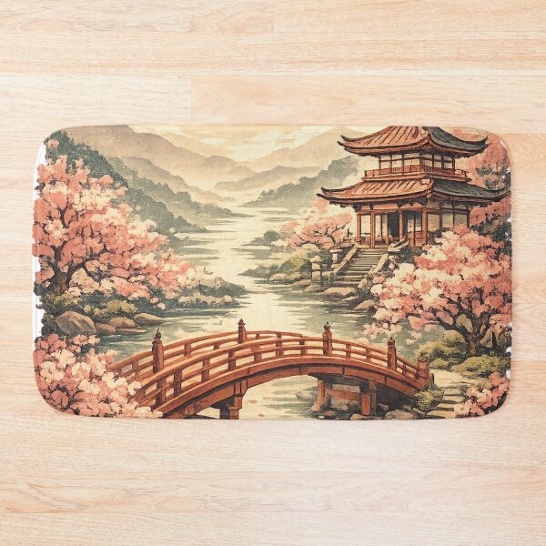 Item preview, Japanese Pagoda Temple with Cherry Blossoms - Asian Landscape Art designed and sold by irfanshikh.