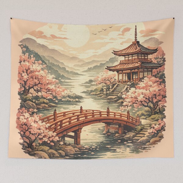 Item preview, Japanese Pagoda Temple with Cherry Blossoms - Asian Landscape Art designed and sold by irfanshikh.