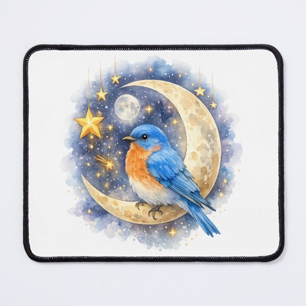 Item preview, Bluebird Lover Crescent Moon Watercolor | Magical Bluebird Bird Art designed and sold by Dinaelsherkawy.