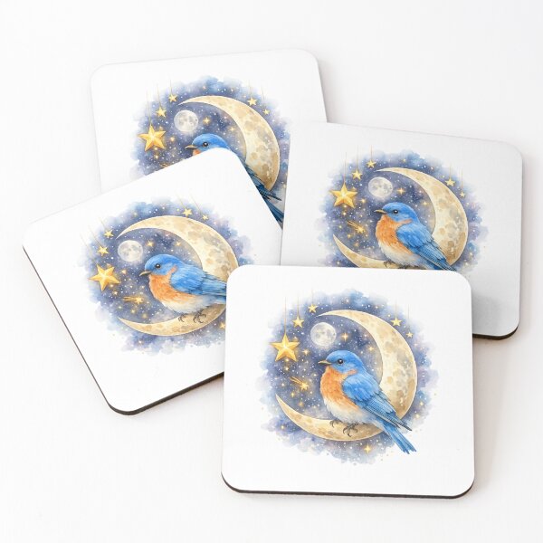 Item preview, Bluebird Lover Crescent Moon Watercolor | Magical Bluebird Bird Art designed and sold by Dinaelsherkawy.