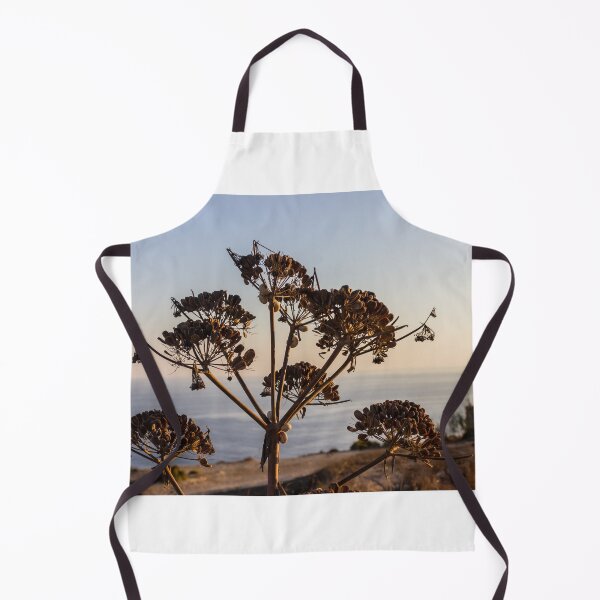 Item preview, Dried Umbel Seedheads Silhouette at Sunset Over Calm Coastal Sea and Rocky Shoreline designed and sold by Nmallia.