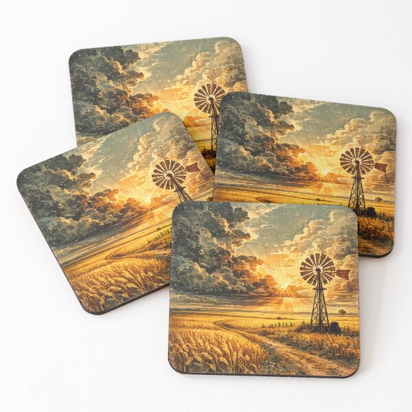 Item preview, Rural Windmill Prairie Sunset - Vintage Landscape Art designed and sold by irfanshikh.