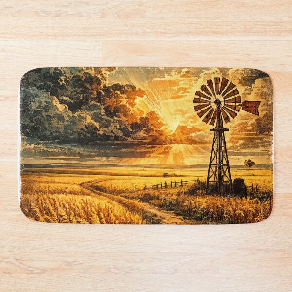 Item preview, Rural Windmill Prairie Sunset - Vintage Landscape Art designed and sold by irfanshikh.