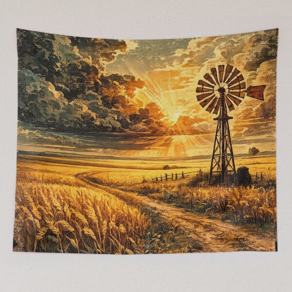 Item preview, Rural Windmill Prairie Sunset - Vintage Landscape Art designed and sold by irfanshikh.