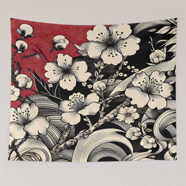 Item preview, Crimson Harmony: Japanese Floral Art with Traditional Wave Motif designed and sold by LiveLearnCreate.