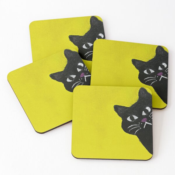 Item preview, Cute Peeking Black Cat Yellow Folk Art Painting designed and sold by Colors by Ri.