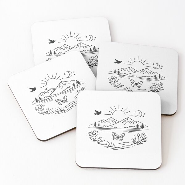 Aperçu de l'œuvre Paysage minimaliste de nature au trait | Illustration de montagnes, fleurs, papillon et lune créée et vendue par EdgeSphere.