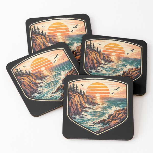 Item preview, Rocky Coastal Cliff Sunset - Retro Vintage Beach Badge designed and sold by irfanshikh.