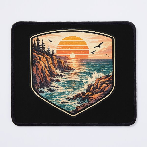 Item preview, Rocky Coastal Cliff Sunset - Retro Vintage Beach Badge designed and sold by irfanshikh.