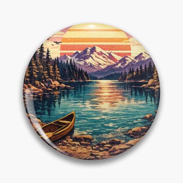 Item preview, Mountain Lake Sunset with Boat - Retro Vintage Badge T-Shirt designed and sold by irfanshikh.