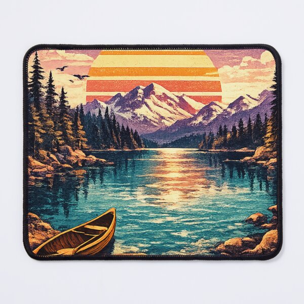 Item preview, Mountain Lake Sunset with Boat - Retro Vintage Badge T-Shirt designed and sold by irfanshikh.