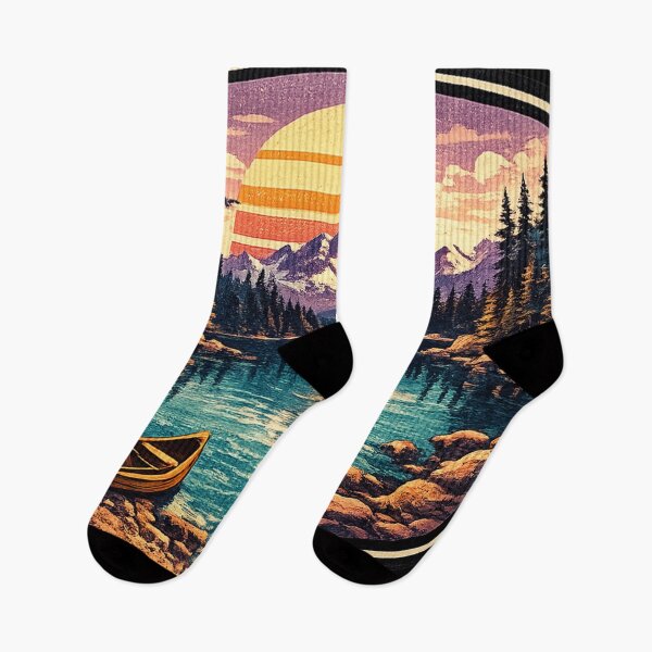 Item preview, Mountain Lake Sunset with Boat - Retro Vintage Badge T-Shirt designed and sold by irfanshikh.