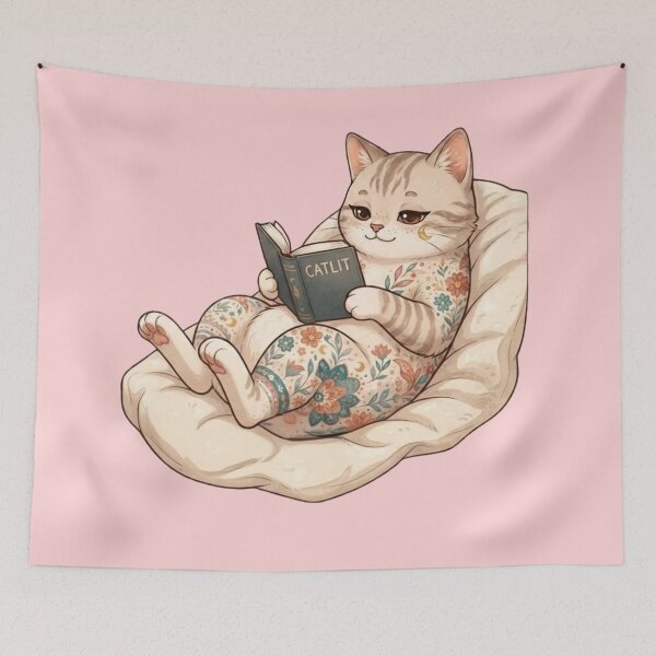 Item preview, Cute Cat Reading a Book Floral Pattern designed and sold by Iampoji.