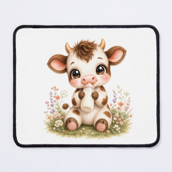 Item preview, Cute Baby Highland Cow Drinking Milk Bottle Kawaii Watercolor Floral Calf Nursery Animal Illustration designed and sold by Sixtinebzh.