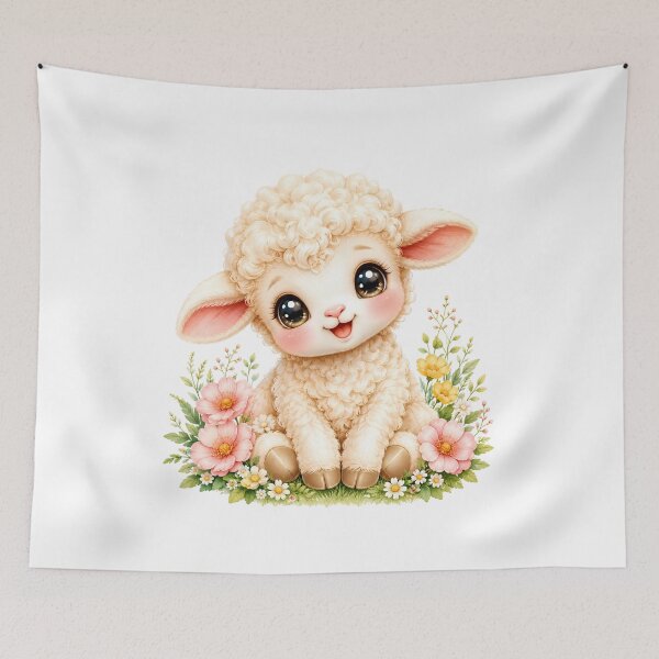 Item preview, Cute Baby Lamb Kawaii Watercolor Floral Sheep Nursery Animal Illustration designed and sold by Sixtinebzh.