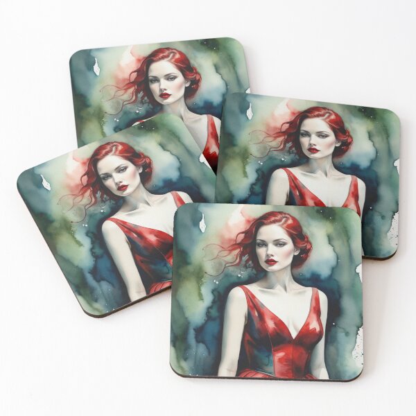 Item preview, Beautiful girl in a red dress on a green watercolor background designed and sold by RAISC.