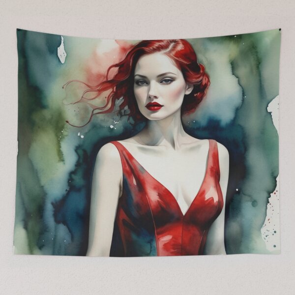 Item preview, Beautiful girl in a red dress on a green watercolor background designed and sold by RAISC.