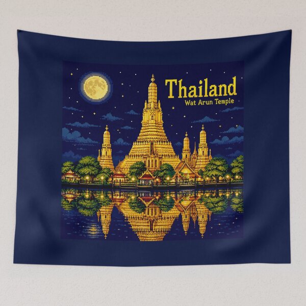 Artikelvorschau, Thailand Wat Arun Tempel Pixelkunst | Retro 8-Bit Nachtlandschaft | Bangkok Reise Vintage Gamer Geschenkaufkleber entworfen und verkauft von Kittcatking.