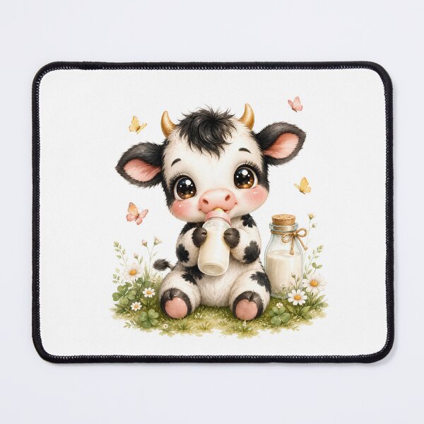 Item preview, Cute Baby Holstein Cow Drinking Milk Bottle Kawaii Watercolor Farm Animal Floral Illustration designed and sold by Sixtinebzh.
