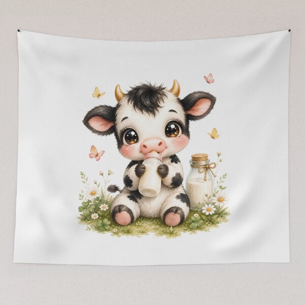 Item preview, Cute Baby Holstein Cow Drinking Milk Bottle Kawaii Watercolor Farm Animal Floral Illustration designed and sold by Sixtinebzh.
