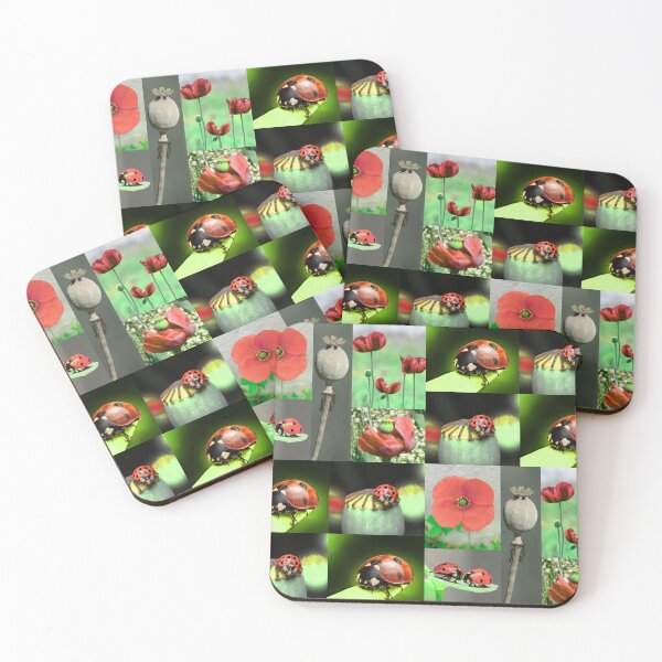Item preview, Whimsical Ladybug and Poppy Flower Botanical Pattern designed and sold by JurateArt-DK.