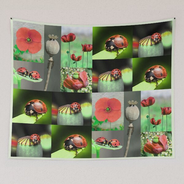 Item preview, Whimsical Ladybug and Poppy Flower Botanical Pattern designed and sold by JurateArt-DK.