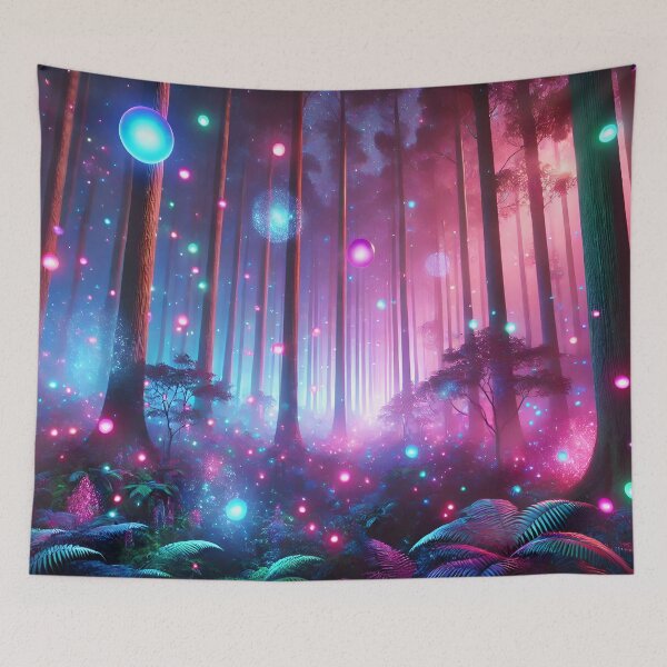 Item preview, Psychedelic Surreal Forest with Glowing Orbs, Dreamy Neon Fantasy Landscape designed and sold by PebsPebs.