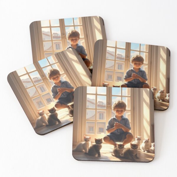 Item preview, Sunlit Window Little Boy with Cute Kittens Painting designed and sold by UmSkelig834.