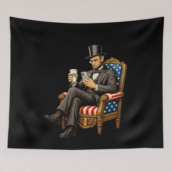Aperçu de l'œuvre **T-shirt autocollant graphique vintage patriotique Abraham Lincoln, représentant le président américain, avec café et smartphone. créée et vendue par Kittcatking.
