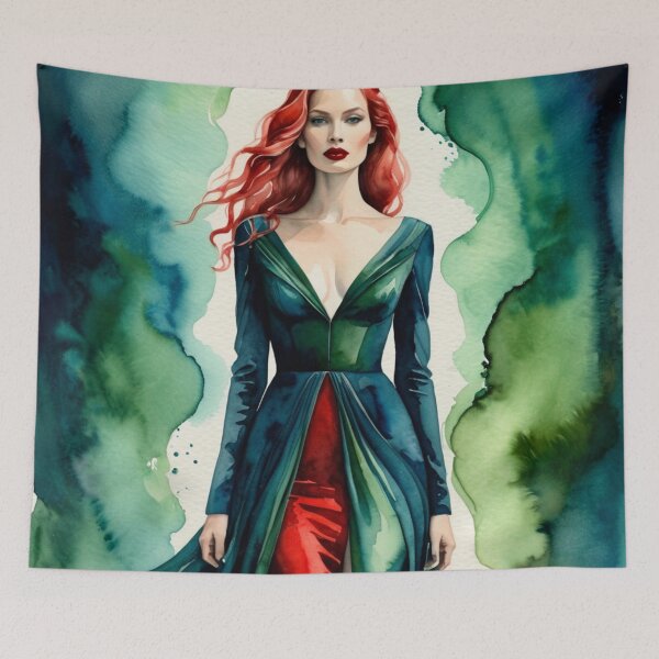 Item preview, Beautiful redhead girl in a watercolor green outfit designed and sold by RAISC.