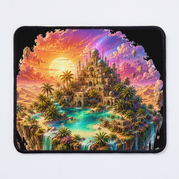Item preview, Floating Oasis Fantasy Kingdom – Sky Island Castle with Waterfalls – Magical Dreamscape Landscape Art designed and sold by NAJURE.