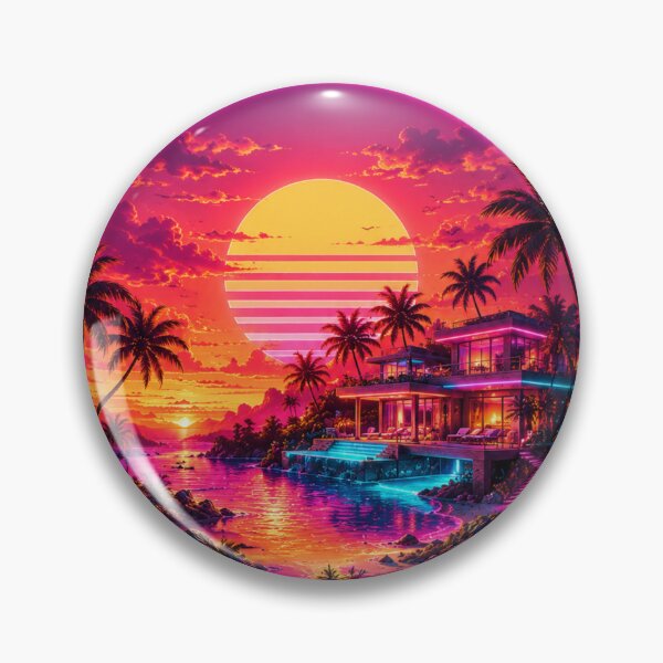 Item preview, Neon Sunset Floating Island – Synthwave Paradise with Luxury Villa and Waterfalls – Vaporwave Fantasy Landscape designed and sold by NAJURE.