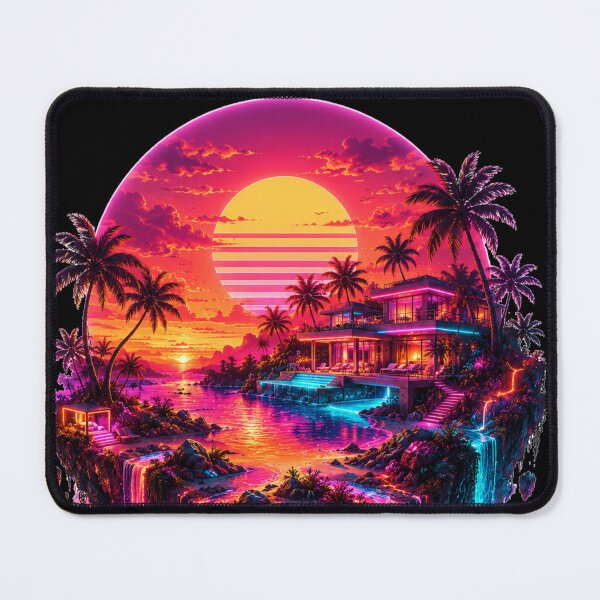 Item preview, Neon Sunset Floating Island – Synthwave Paradise with Luxury Villa and Waterfalls – Vaporwave Fantasy Landscape designed and sold by NAJURE.
