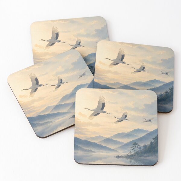 Item preview, Japanese Crane Wall Art – Flying Red-Crowned Cranes over Misty Lake, Ukiyo-e Inspired Nature Landscape designed and sold by Tomoyo Art.