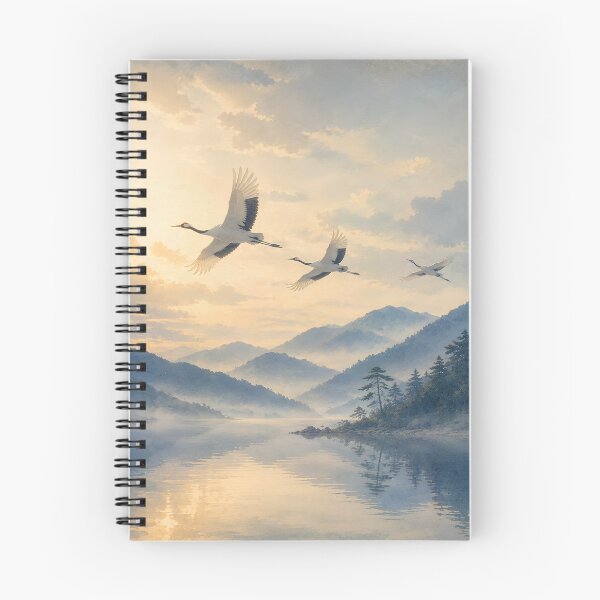 Item preview, Japanese Crane Wall Art – Flying Red-Crowned Cranes over Misty Lake, Ukiyo-e Inspired Nature Landscape designed and sold by Tomoyo Art.