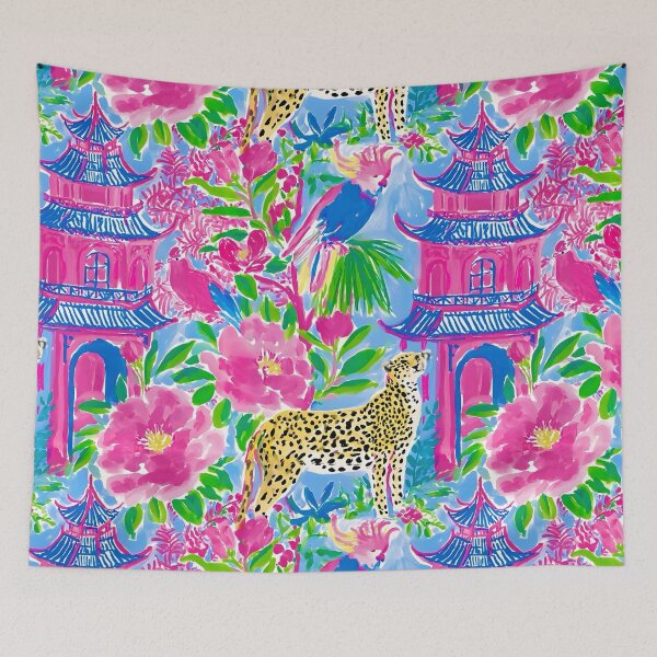 Item preview, Cheetah and cockatoo parrot in preppy chinoiserie pagoda garden designed and sold by SophieClimaArt.
