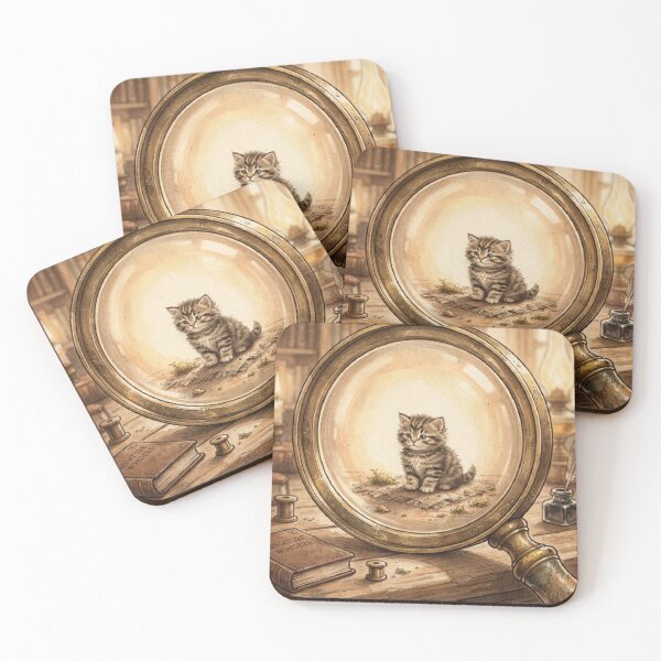 Item preview, Tiny Kitten and Giant Vintage Magnifying Glass Miniature Illustration designed and sold by DuckOddity.