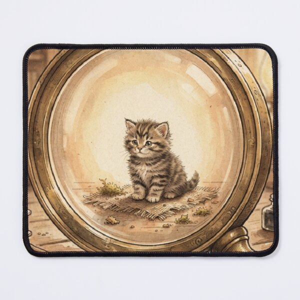 Item preview, Tiny Kitten and Giant Vintage Magnifying Glass Miniature Illustration designed and sold by DuckOddity.