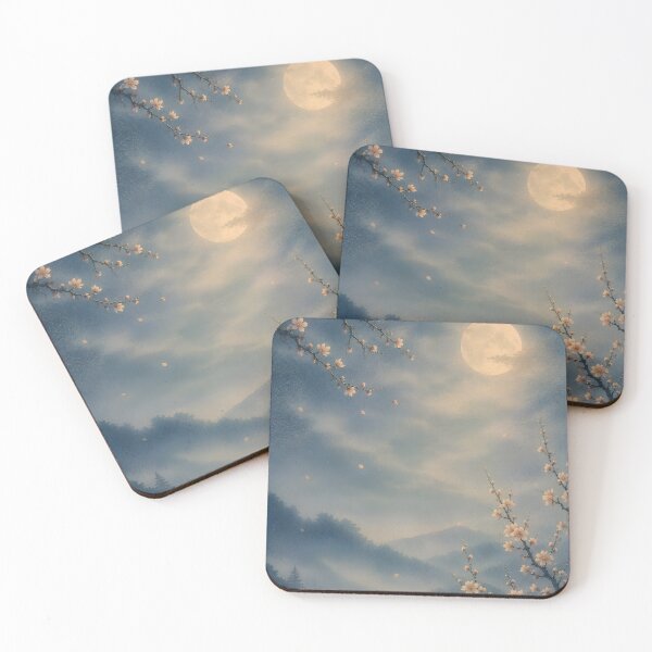 Item preview, Japanese Moonlit Cherry Blossom Wall Art – Sakura, Full Moon & Misty Mountain Landscape, Ukiyo-e Inspired designed and sold by Tomoyo Art.