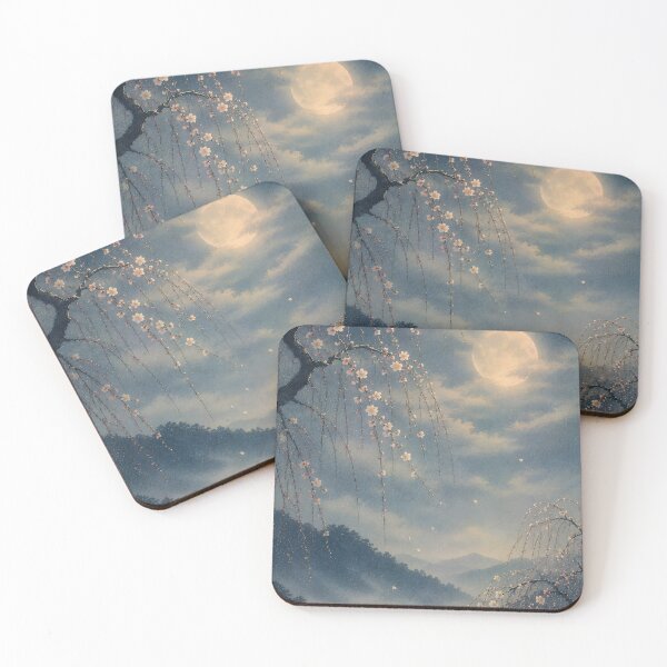 Item preview, Japanese Weeping Cherry Blossom Moon Wall Art – Shidare Sakura, Full Moon & Misty Mountain Landscape, Ukiyo-e Inspired designed and sold by Tomoyo Art.