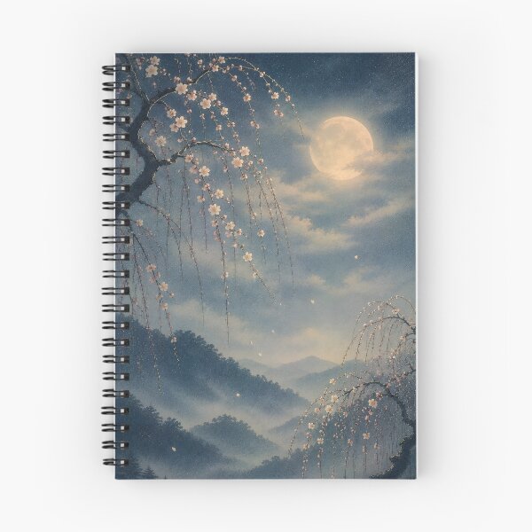 Item preview, Japanese Weeping Cherry Blossom Moon Wall Art – Shidare Sakura, Full Moon & Misty Mountain Landscape, Ukiyo-e Inspired designed and sold by Tomoyo Art.