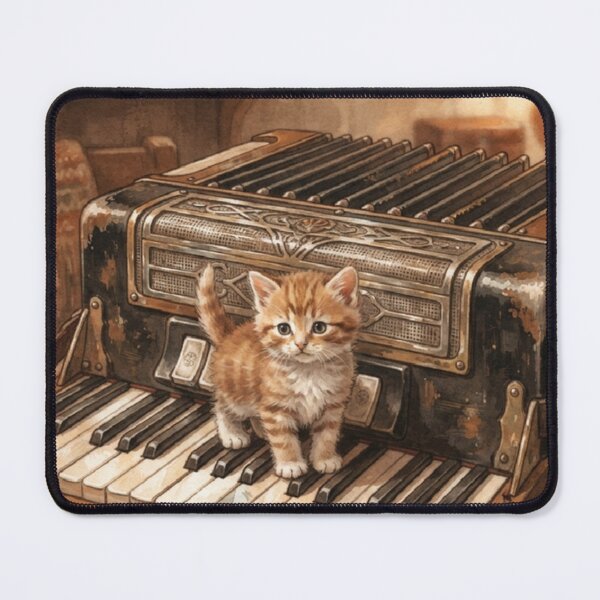 Item preview, Tiny Kitten on a Giant Vintage Accordion Keys Miniature Illustration designed and sold by DuckOddity.