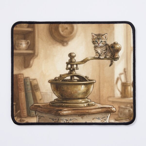 Item preview, Tiny Kitten on a Giant Vintage Coffee Grinder Miniature Illustration designed and sold by DuckOddity.