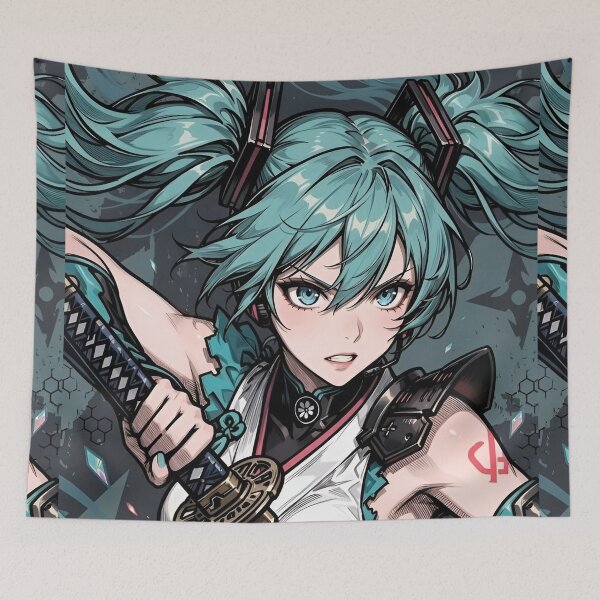 Item preview, Hatsune Miku Samurai Cyber Warrior Anime Art | Neon Katana Vocaloid Illustration designed and sold by Dyan4.